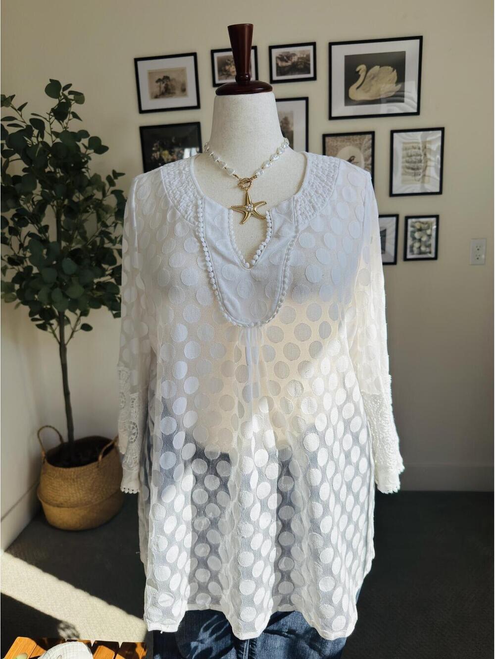 Alfani Woman White Sheer Polka Dot Lace Tunic Top - Size 2X